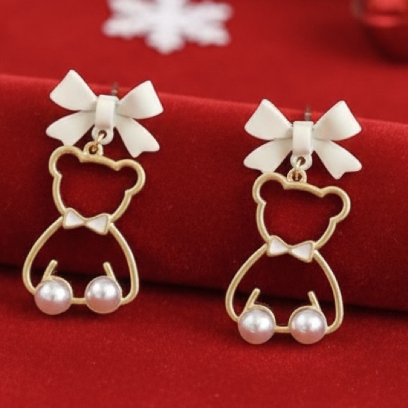 Gold Bear Earrings with White Bows and Pearls - Picture 1 of 7